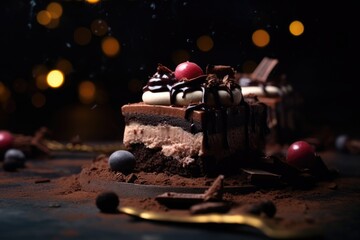 Dark Close up Food Photography of chocolate dessert with bokeh background.