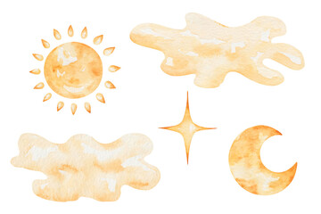 Watercolor set of illustrations. Hand painted sun with beams, moon, four pointed star, clouds, crescent in yellow, golden color. Sky elements. Nature, outdoor. Isolated clip art for prints, patterns