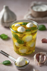 Labneh cheese balls in olive oil with basil