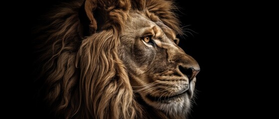 Naklejka premium Head of a lion on a black background. Concept of strength and power. Generative AI