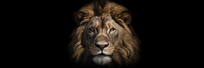 Head of a lion on a black background. Concept of strength and power. Generative AI