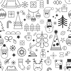 Christmas icons seamless pattern. Minimal black and white winter holiday repeat background. New Year decorative wallpaper in outline style. Xmas geometric backdrop. Vector Christmas symbols.