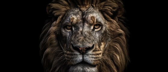 Fototapeta na wymiar Head of a lion on a black background. Concept of strength and power. Generative AI