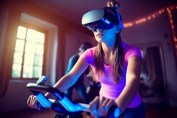 Young woman training bike workout in virtual fitness class with VR headset. Generative Ai