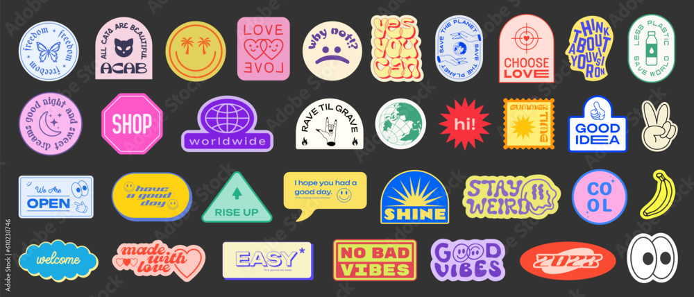 Poster Set Of Y2k Stickers Vector Design. Cool Pop Art Elements. Trendy Patches. Retro Badges Graphics. Geometric Shapes.