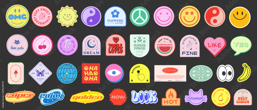 Leinwandbilder set of y2k stickers vector design. cool pop art elements. trendy patches. retro badges graphics. geo