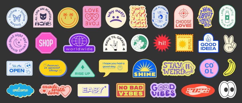 Set Of Y2k Stickers Vector Design. Cool Pop Art Elements. Trendy Patches. Retro Badges Graphics. Geometric Shapes.