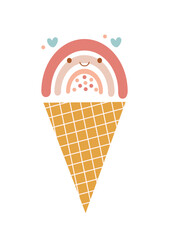 Smiling rainbow ice cream in boho style.  Kawaii rainbow in waffle cup cone. Sweet design element, clipart, illustration for poster, card, print. Vector