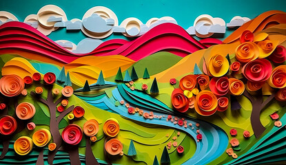 3d paper art artwork using colored paper, spring or summer landscape, generative ai