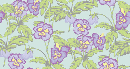  Pansies. Seamless pattern. Suitable for fabric, mural, wrapping paper and the like.