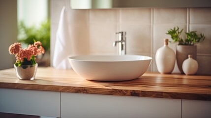 Fototapeta na wymiar Wooden table top with blurred bathroom background. Generative AI