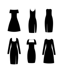 Black little dress. Set of six evening and cocktail dresses. Silhouette apparel. Collection woman clothing. Clothes icon isolated on a white background. Vector illustration.
