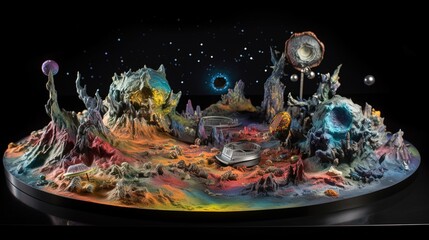 Fototapeta na wymiar Diorama Galaxies featuring an alien planet with unique landscapes and creatures generative ai