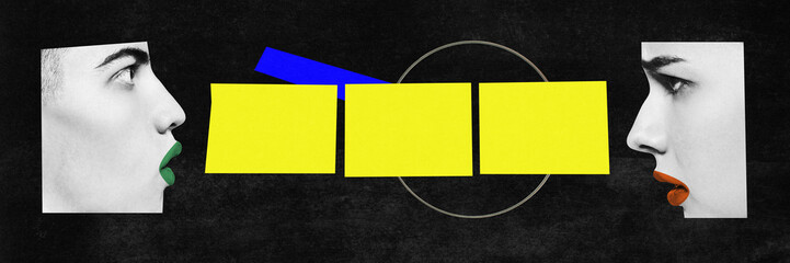 Employees, man and woman working on projects. Professional challenges and competition. Contemporary art collage.