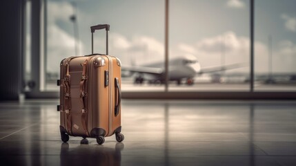 A suitcase on a runway with a blurred airplane in the background. Travel and business concept. Generative AI