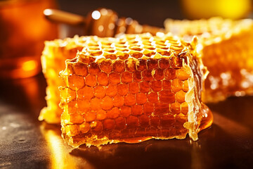 Sweet honeycombs on a dark background. Beekeeping products, honey production at the farmer's apiary. Generated by AI