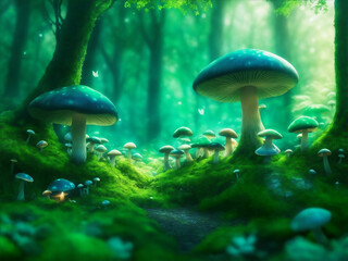 Magical green forest with mushrooms, Generative AI Illustration.