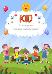 Obraz na płótnie Canvas Cute children play outside. template for advertising brochures, ready for your text, poster, background, website.Style of kids drawings.