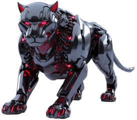 Robotic black panther with glowing red eyes as mechanical cyber animal isolated on a transparent background, generative AI technology