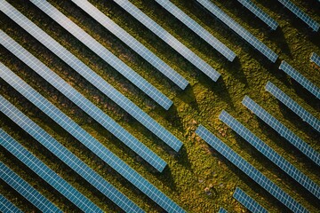 Solar panel rows aerial view. Photovoltaic panels farm from the sky, diagonal rows for renewable...