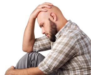 Sad handsome young man sitting holding your hand over on the head