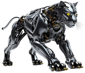 Robotic black panther as mechanical cyber animal isolated on a transparent background, generative AI technology