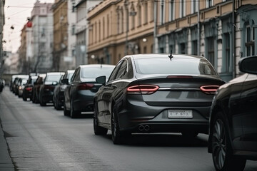 Cars on a city street in the evening. Traffic jam