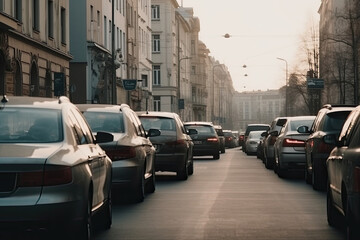 Fototapeta premium Cars on a city street in the evening. Traffic jam