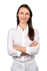 Smiling young caucasian businesswoman, successful, posing confidently with crossed arms for the camera. Generative AI
