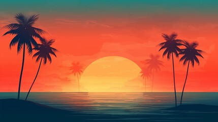 Fototapeta na wymiar generative AI image of an illustration of a beautiful sunset in a exotic landscape about summer holidays 