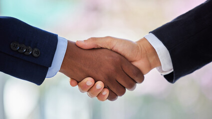 Handshake, partnership and contract with closeup of business people for welcome, thank you and...