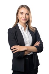 Smiling young caucasian businesswoman, successful, posing confidently with crossed arms for the camera. Generative AI