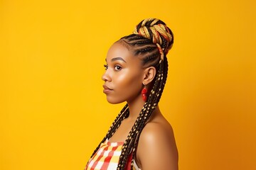Pretty Afro-American woman with colorful braids on a color background. Generative AI