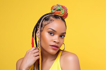 Pretty Afro-American woman with colorful braids on a color background. Generative AI