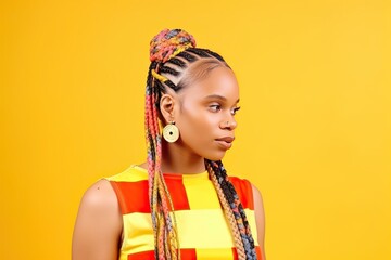 Fototapeta premium Pretty Afro-American woman with colorful braids on a color background. Generative AI
