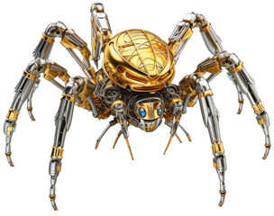 Golden robotic spider isolated on a white background, generative AI - obrazy, fototapety, plakaty