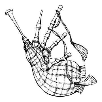 Ink hand drawn vector sketch of isolated object. Scotland symbol, tartan pattern traditional scottish bagpipe musical instrument. Design for tourism, travel, brochure, guide, print, card, tattoo.