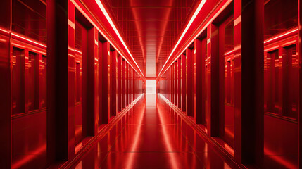 Red abstract futuristic tunnel with neon lines. Generative AI