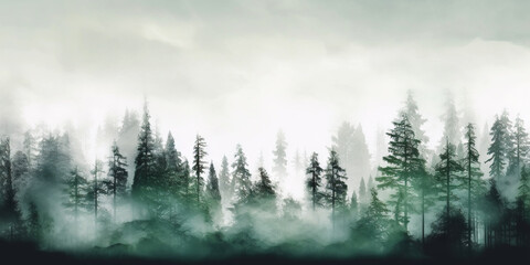 Misty landscape with fir forest in vintage retro style. Generative AI