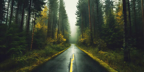 Obraz premium Minimalistic empty highway in the forest. Road surrounded with trees. Travel concept. Generative AI