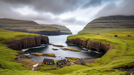 Nature's Masterpiece, Captivating Panoramic Bay View in the Faroe Islands. Generative AI - obrazy, fototapety, plakaty