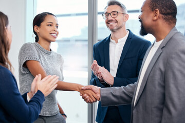 Business people, handshake and clapping in meeting celebration, success promotion or HR thank you. Corporate partnership, woman shaking hands and b2b onboarding, congratulations or career welcome - obrazy, fototapety, plakaty