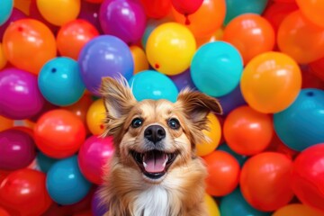 Fototapeta na wymiar Multi-colored balloons and funny dog, puppy, kitty. Holiday. Birthday. Gift