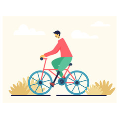 Young sporty man riding bike. Active life position and healthy lifestyle concept. Disabled person with prosthetic leg doing sport, spending time outside. Flat vector illustration