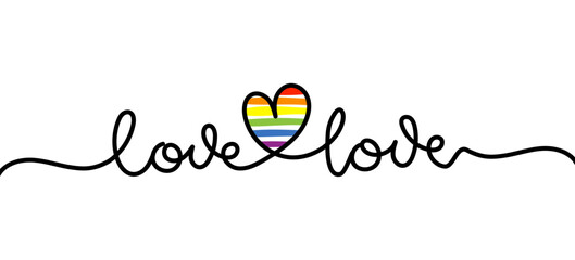 Love is love - LGBT pride slogan against homosexual discrimination. Modern calligraphy with rainbow colored characters. Good for scrap booking, posters, textiles, gifts, pride sets.