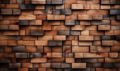 Wood Tiles arranged to create a Rectangular Wall.  3D Render Bricks. Natural Background formed from Timber Blocks.