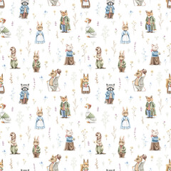 Seamless pattern with vintage, variety of cute animals in clothes and meadow dried flowers isolated on white background. Watercolor hand drawn illustration sketch