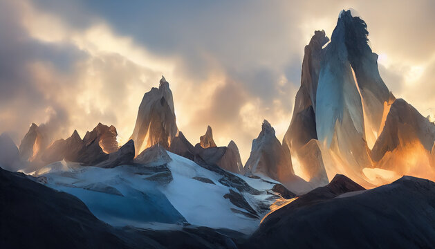 The magnificent serro torre's snowcapped pinnacles. Awe-inspiring peaks, resembling icy splinters, reaching for the sky. AI-generated