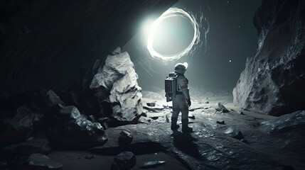 Fototapeta na wymiar A detailed scene of an astronaut exploring the interior of a moon cave generative ai