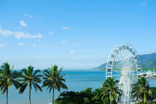 Blue skies and the  clear turquoise waters of the Coral Sea framed by palm trees at Cairns Esplanade &mdash; Far North Queensland, Australia